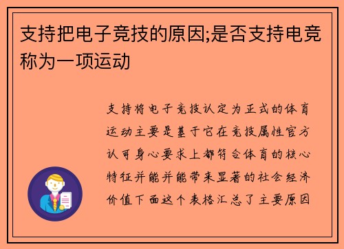 支持把电子竞技的原因;是否支持电竞称为一项运动